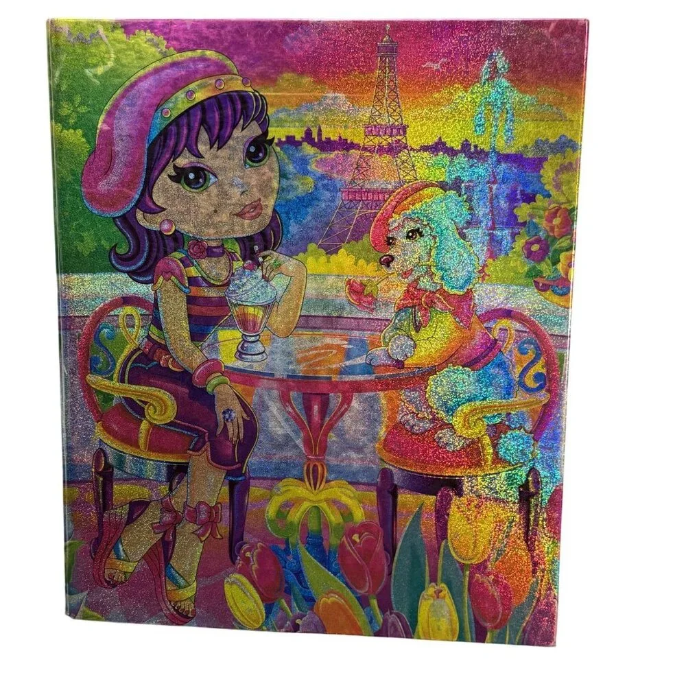 Lisa Frank Paris-Themed Glitter 3-Ring Binder With Poodle & Girl Illustration
